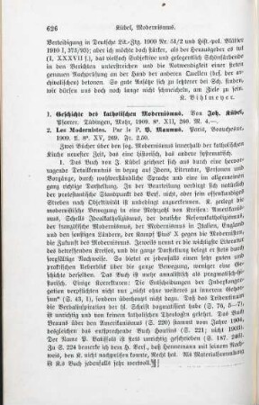 626-627 [Rezension] Kübel, Johannes, Geschichte des katholischen Modernismus