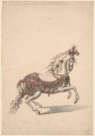 Kostümentwurf für Pferd: Reiterloses Pferd nach rechts, corbettierend - "Cheval de parade pour Monseigneur"