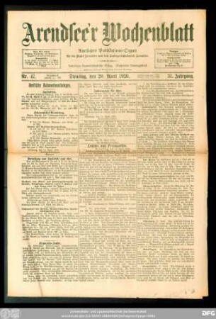 Arendsee'r Wochenblatt, Nr. 47. Dienstag, den 20. April 1920.