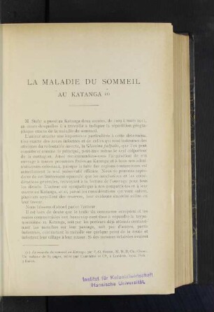 La Maladie Du Sommeil Au katanga.