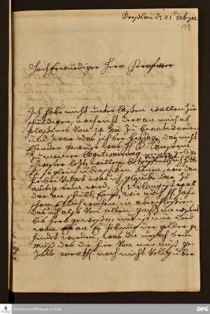 Brief von Rosina Isabella von Wurmbrandt an August Hermann Francke.