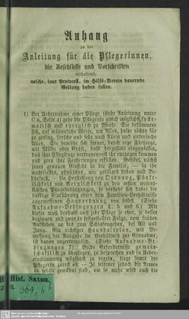 Anhang zu der Anleitung für die Pflegerinnen, die Beschlüsse und Vorschriften enthaltend, welche, laut Protocoll, im Hilfs-Verein dauernde Geltung haben sollen