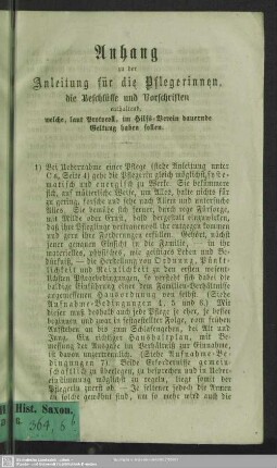 Anhang zu der Anleitung für die Pflegerinnen, die Beschlüsse und Vorschriften enthaltend, welche, laut Protocoll, im Hilfs-Verein dauernde Geltung haben sollen