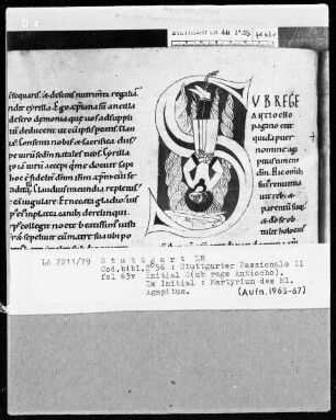 Stuttgarter Passionale — Heilige der pars aestiva (zweiter Band) — Textseite mit zwei Miniaturen, Folio 63verso