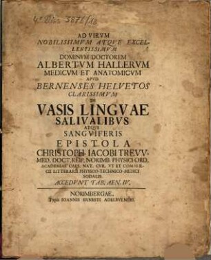 Ad V. Nob. Alb. Hallerum ... de vasis linguae salivalibus atque sanquiferis : cum tab. aen. IV.