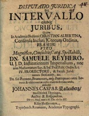 Disputatio Iuridica De Intervallo eiusq[ue] Iuribus