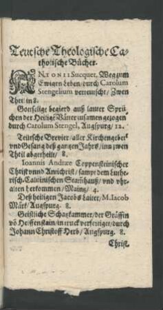 Teutsche Theologische Catholische Bücher.