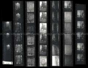 Schwarz-Weiß-Negative mit Aufnahmen aus einer Kirche, mit Kirchenfenster und Kanzel