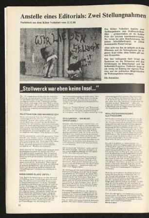 Anstelle eines Editorials: Zwei Stellungnahmen. Nachdruck aus dem Kölner Volksblatt vom 12.12.1980