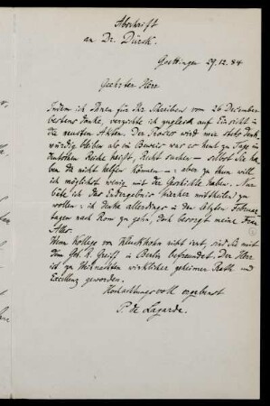 Bl. 2: Brief von Paul de Lagarde an Karl Dürck, in einer Abschrift von Anna de Lagarde, Göttingen, 29.12.1884