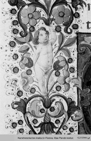 Breviarium : Folio mit Randbordüre, eingeschlossenem Christusmonogramm sowie Gottvaterdarstellung, eingeschlossenen Vierpässen mit Propheten und Erzengel Michael, Text und historisierten Initiale E und F mit dem Apostel Paulus und einem Propheten