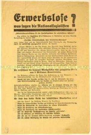 Antinationalsozialistischer programmatischer Wahlaufruf der Kommunisten betreffs Arbeitslosenpolitik und -wohlfahrt