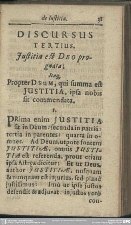 Discursus Tertius. Iustitia est Deo prognata