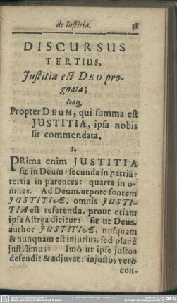Discursus Tertius. Iustitia est Deo prognata