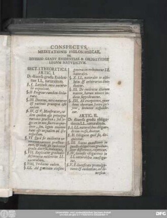 Conspectus. Meditationis Philosophicae, De Diverso Gradu Evidentiae & Obligationis Legum Naturalium.