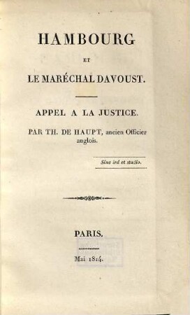 Hambourg et le Maréchal Davoust : appel a la justice
