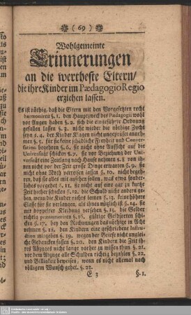 Wohlgemeinte Erinnerungen an die wertheste Eltern, die ihre Kinder im Paedagogio Regio erziehen lassen