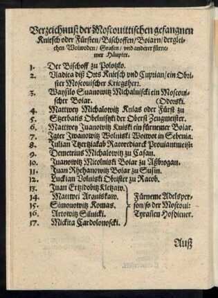 Verzeichnuß der Moscovittischen gefangnen ...