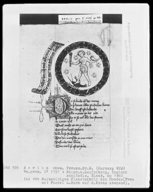 Heinrich von Laufenberg, Regimen sanitatis, deutsch — Planetenbild des Mondes mit Fackel und Horn, Folio 48verso