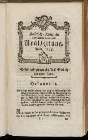 Sechs und zwanzigstes Stück; den 29ten Juny. Wien, 1775.