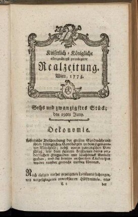 Sechs und zwanzigstes Stück; den 29ten Juny. Wien, 1775.
