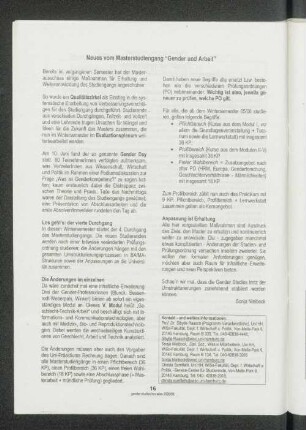 Neues vom Masterstudiengang "Gender und Arbeit"