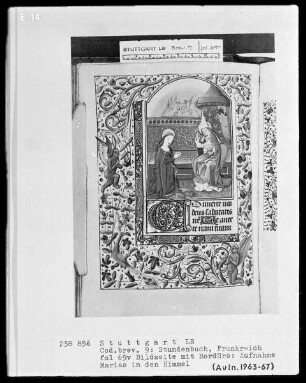 Lateinisch-französisches Stundenbuch (Livre d'heures) — Miniatur im Bordürenrahmen und Textanfang, Folio 69verso