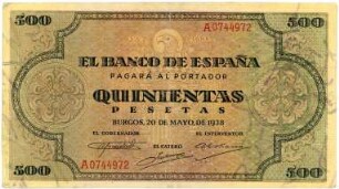 Geldschein, 500 Pesetas, 20.5.1938