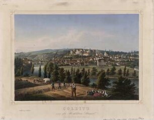 Ansicht von Colditz, Lithographie, um 1860 : Colditz : von der Rochlitzer Strasse / Naturzeichnung v. Gustav Täubert. - Dresden : G. Täubert , [um 1860]. - 1 Kunstbl. : altkolor. Lithogr. ; 36 x 25 cm