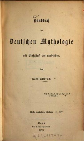 Handbuch der deutschen Mythologie mit Einschluß der nordischen