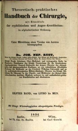 Theoretisch-praktisches Handbuch der Chirurgie : mit Einschluss der syphilitischen und Augen-Krankheiten ; in alphabetischer Ordnung, 11. Litho - Men