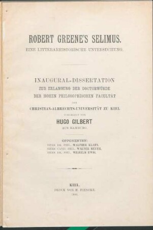 Robert Greene's Selimus : eine litterarhistorische Untersuchung
