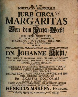 Dissertatio Inauguralis De Iure Circa Margaritas Vulgo Von dem PerlenRecht
