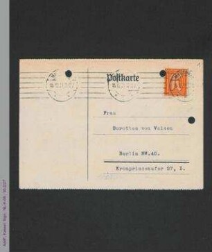 Postkarte von Julie Bassermann an Dorothee von Velsen