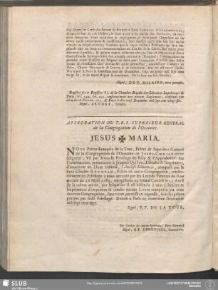 Approbation Du T. R. P. Superieur General de la Congregation de l'Oratoire