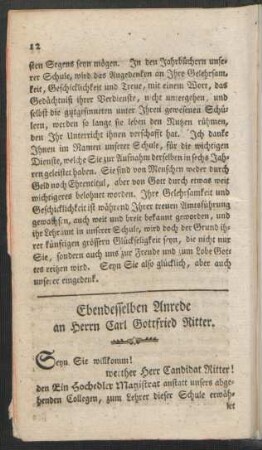 Ebendesselben Anrede an Herrn Carl Gottfried Ritter