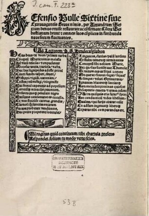 Defensio Bulle Sixtine siue Extrauagantis Graue nimis : per Alexandrum Sextum denuo revis[a]e restaurat[a]e ac confirmat[a]e Contra Sebastianum brant ... & omnes suos co[m]plices in furibunda nave secum fluctuantes