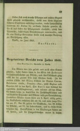 Vegetations-Bericht vom Jahre 1851