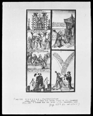 Stephan von Paris, Auslegung der Regel des heiligen Benedikt — Bildseite mit sechs Szenen aus dem Leben von Benedikt, Folio 138recto