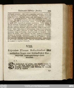 VIII. Responsum Ictorum Rostochiensium über verschiedene Fragen einer Erbschafftlichen Theilungs- und Auseinandersetzungs-Sache betreffend.
