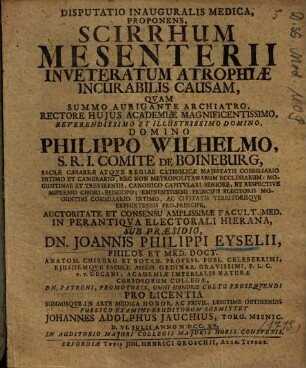 Disputatio Inauguralis Medica, Proponens Scirrhum Mesenterii Inveteratum Atrophiae Incurabilis Causam