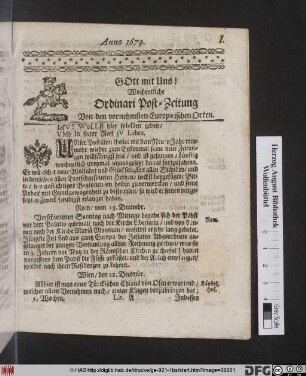Wochentliche Ordinari Post-Zeitung : Von den vornehmsten Europaeischen Orten ; Anno 1679.
