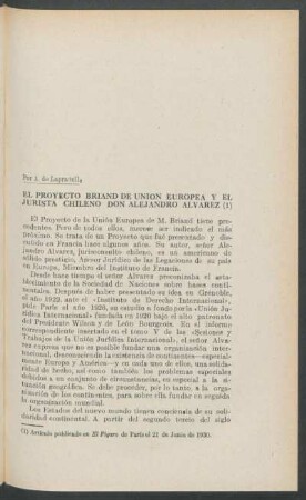 El Proyecto Briand de Unión Europea y el jurista chileno don Alejandro Alvarez