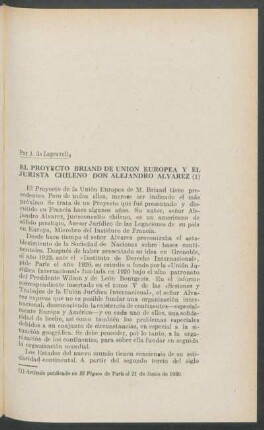El Proyecto Briand de Unión Europea y el jurista chileno don Alejandro Alvarez