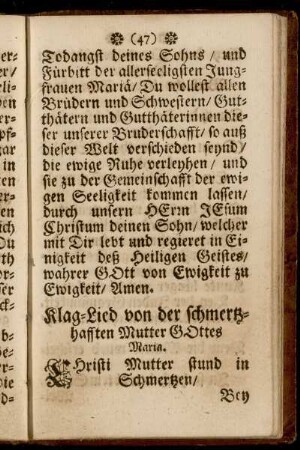 Klag-Lied von der schmertzhafften Mutter Gottes Maria.