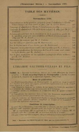 Table des matières. Novembre 1889.