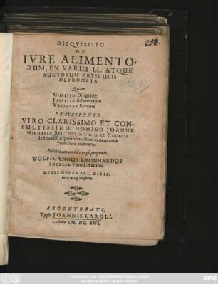 Disquisitio De Iure Alimentorum, Ex Variis LL. Atque Auctorum Articulis Deprompta