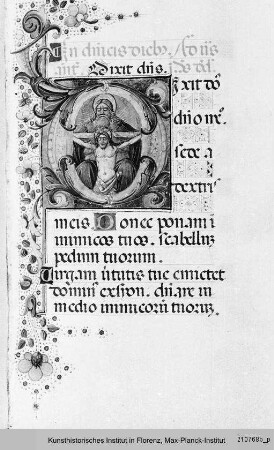 Psalter : Folio mit Randbordüre, Text und historisierter Initiale D mit Trinität