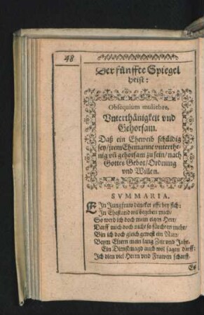 Der fünffte Spiegel heißt: Obsequium muliebre, Unterthänigkeit und Gehorsam.
