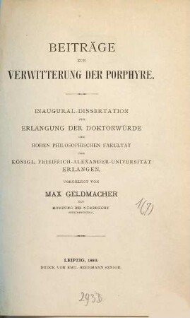 Beiträge zur Verwitterung der Porphyre
